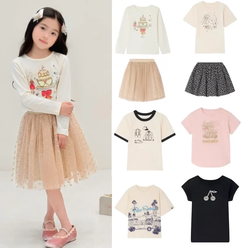Girls' T-shirt 2026 Summer New Cartoon Fashion Casual Children's Short Sleeve Cotton Round Neck White Girls' T-shirt Short Skirt