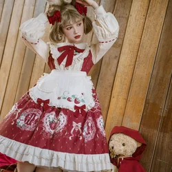 NONSAR Sweet Lolita Dress Women Vintage Patchwork Red Dress with Cloak Cute Bow Strawberry Print Ruffles Long Sleeve Vestidos
