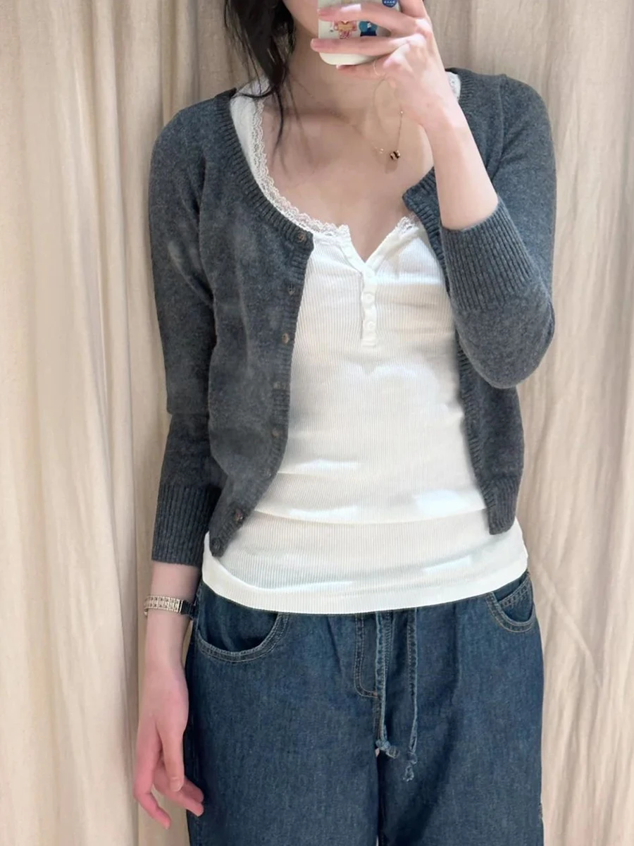 ダークグレー七分袖セーターカーディガン秋 O ネックシングルブレストスリムニットウェア女性ヴィンテージシンプルな綿セーター