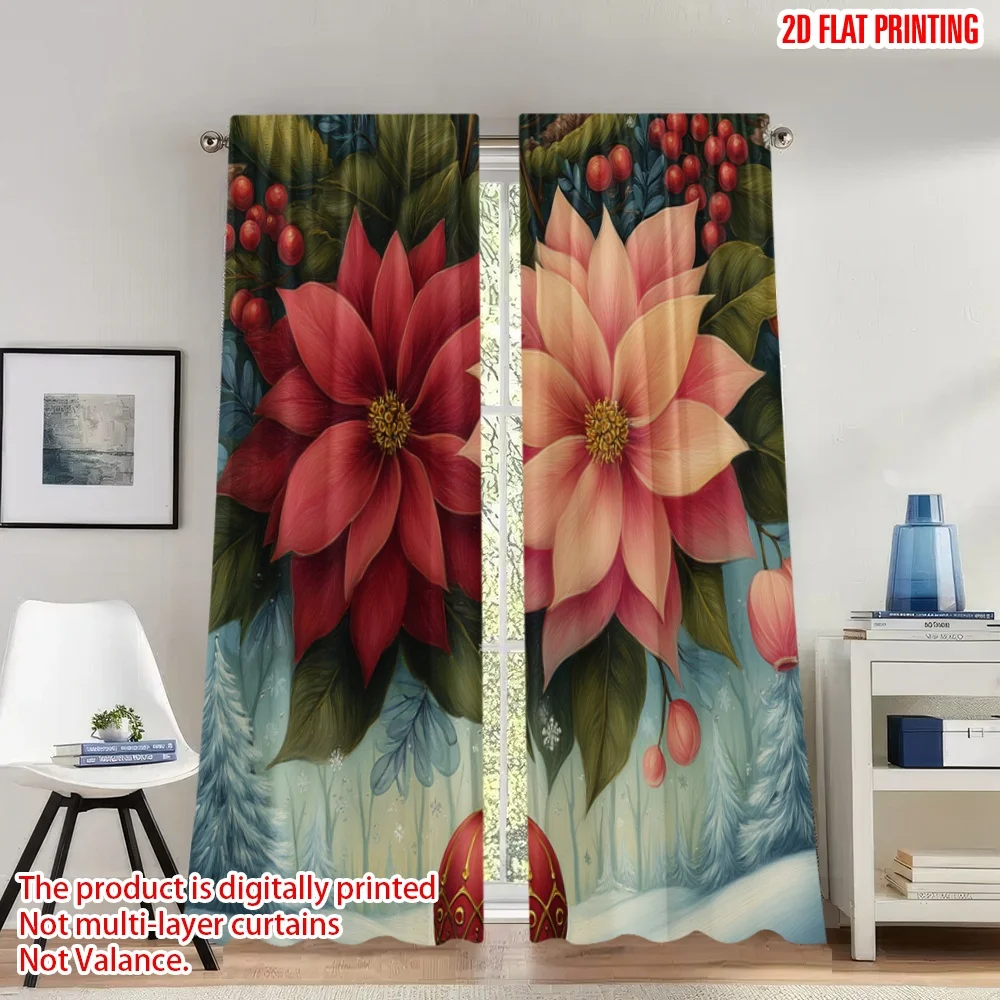 

2pcs 2D flat printing Christmas Party Curtains Christmas Poinsettia Berries Ornament Digital Printed Polyester Drapes Festive