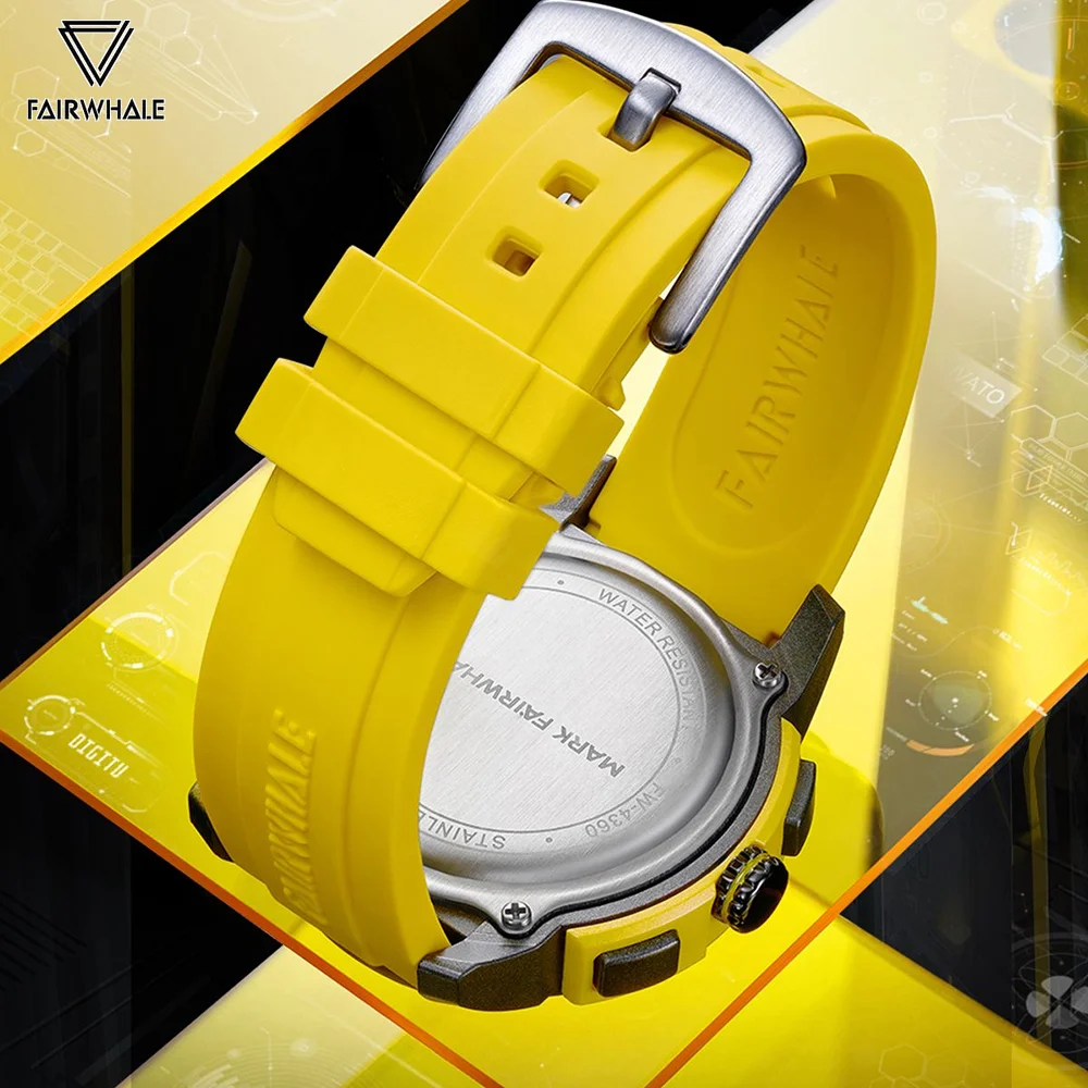 FAIRWHALE Quartz Watches for Men 4360 Fashion Yellow Auto Date Chronograph Waterproof Sport Silicone Strap Mens Watch Gift Box