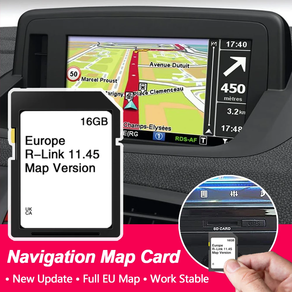 Karta SD z mapami nawigacyjnymi 2025 do Renault 2014-2017 R-link, wersja map 11.45 Europa, Wielka Brytania, GPS, nawigacja samochodowa, 16GB.