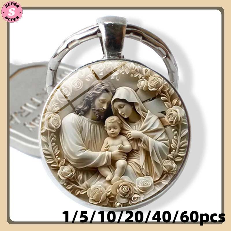 1-60pcs Retro Virgin Mary Alloy Keychain - Religious Time Gem Pendant Suitable for Car Keys and Backpack Pendant Gift