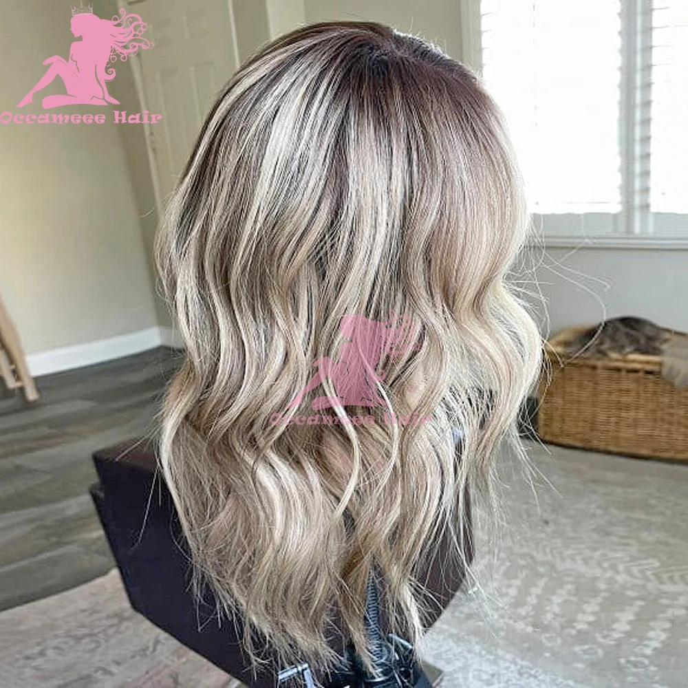 Perruque Full Lace Wig naturelle ondulée, cheveux humains, balayage, racines foncées, Wiltshire, pre-plucked, blond, 360, transparent, swd'appareils lace