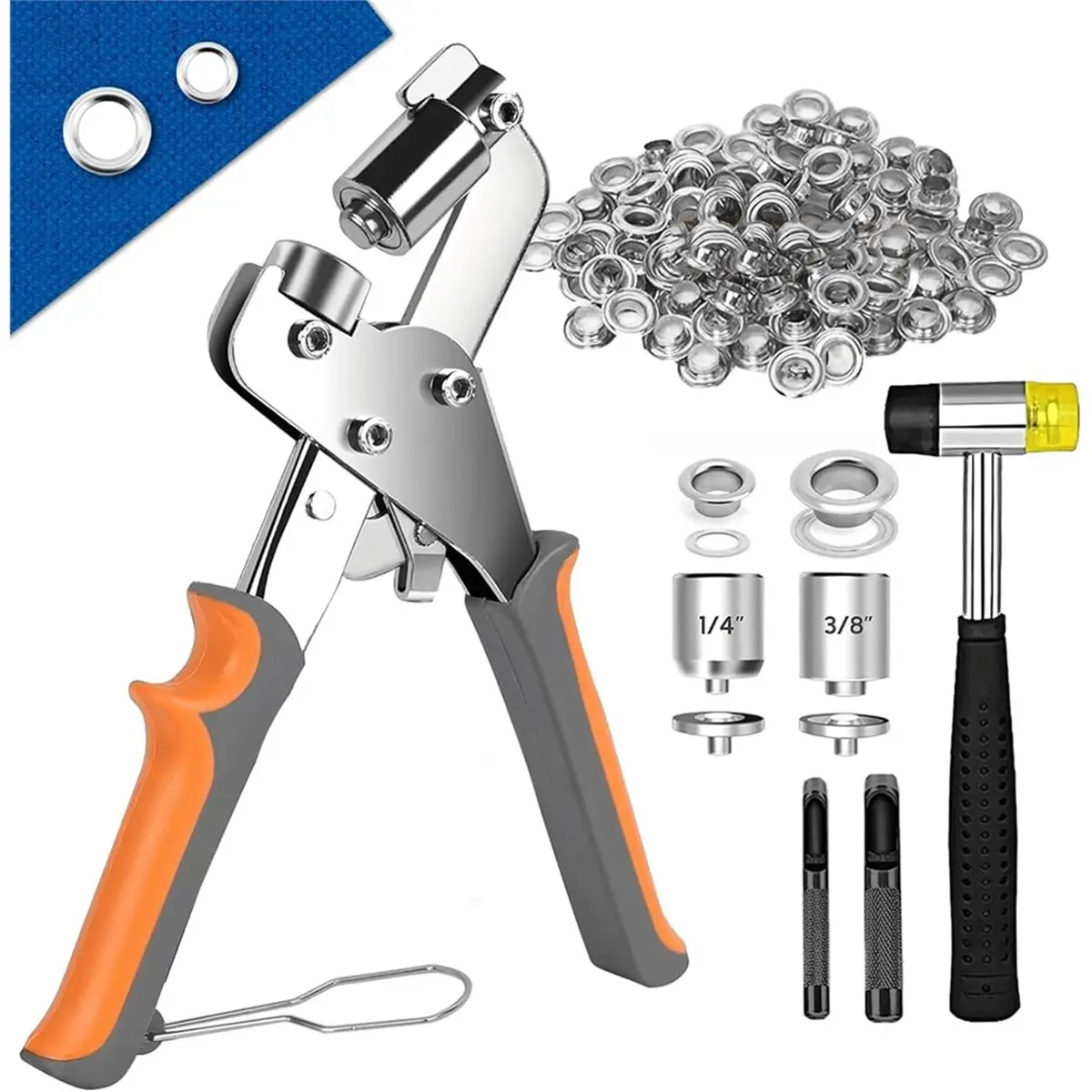 Heavy Duty Grommet Tool Kit, 1/4 and 3/8 Inch Handheld Hole Punch Pliers for Tarps Canvas Banner Leather Fabric 10mm/6mm