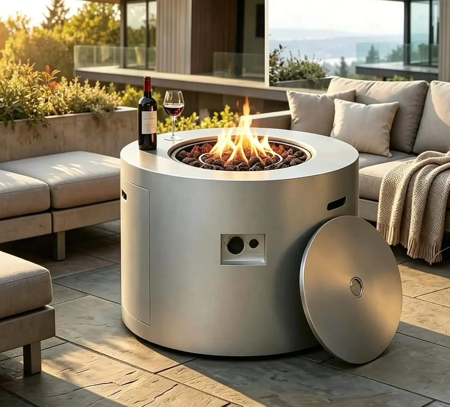 32 Inch Round Propane Fire Pit Table, Gray, Customized