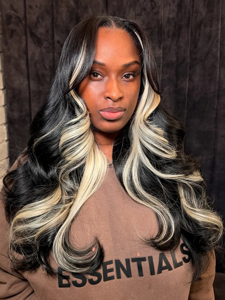 Zwart en blond gekleurd 5x5 kant sluiting 180 density body wave pruik van echt haar 13x6 kant voorkant pruiken highlight pruik vooraf geplukt - afbeelding 2