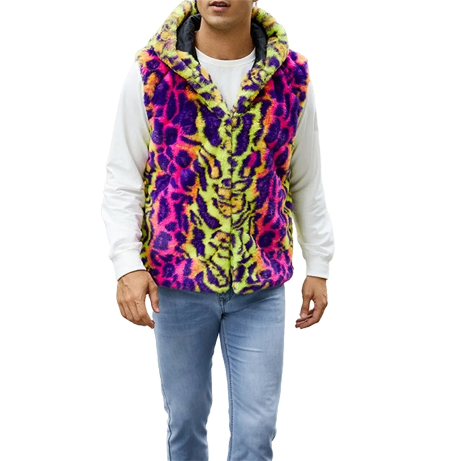 

Men Vest Jacket Casual Spring Leopard Print Faux Fur Hoodie Cardigan for Fall Outwear Streetwear