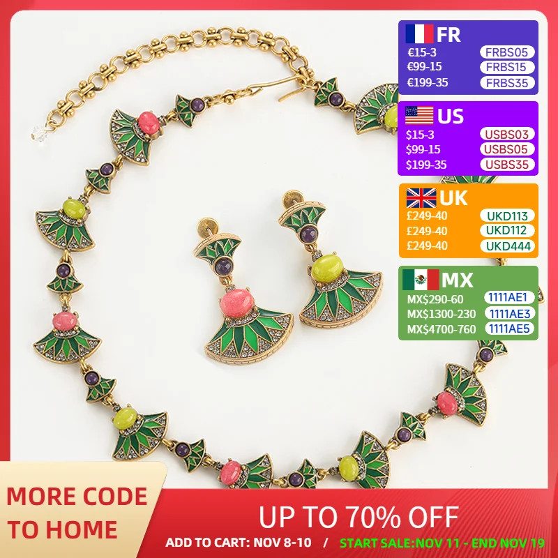 

Vintage Women Jewelry Sets Wedding Fan Enamel Necklace Bride Accessories Green Colorful Glass Gold Color Natural Stone 2025
