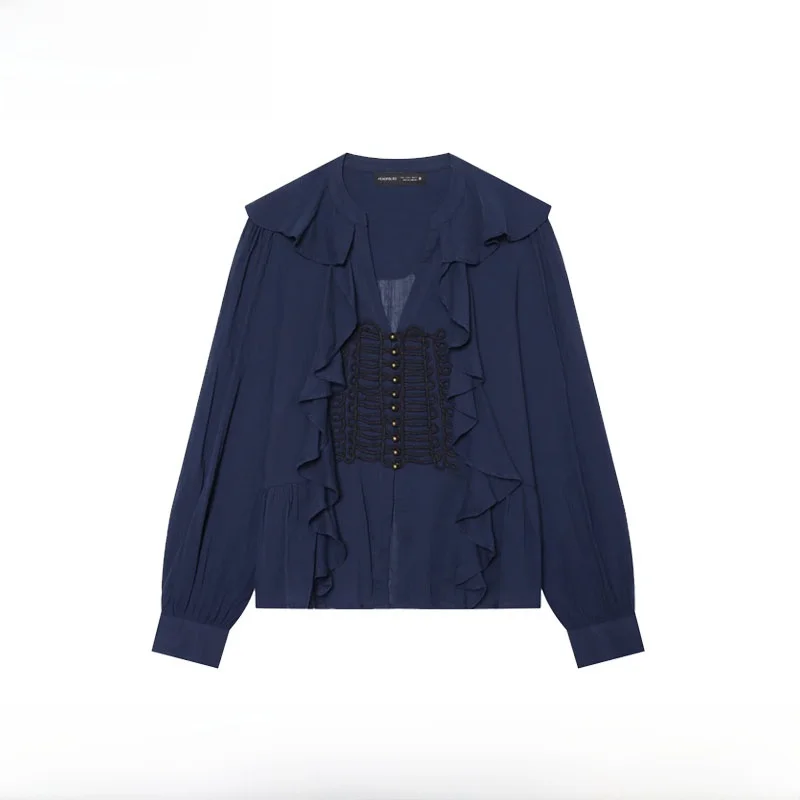 Fashionable Knot Button Layered Decorative Shirt Early Autumn New Arrival Women's Polyester Fiber Long Sleeve Slim Fit Shirt