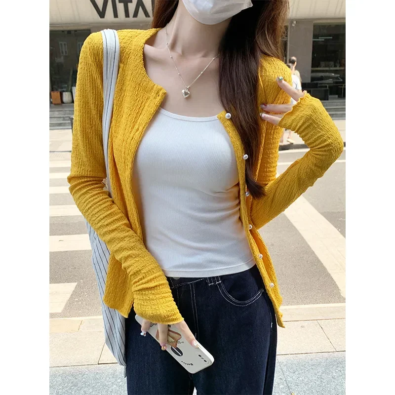 Yellow Round Collar Knitted Cardigan Women's Early Autumn Thin Edition Mushroom Edge Design Temperament Coat Exquisite Top