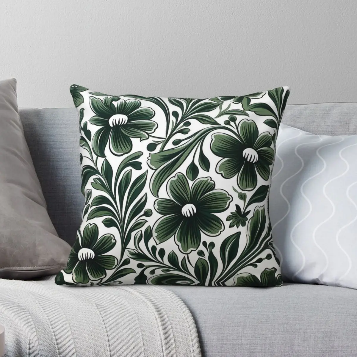 Funda de almohada cuadrada blanca con botella y flores verdes, funda de almohada con diseño de terciopelo y lino de poliéster, decoración con cremallera, funda de cojín para coche