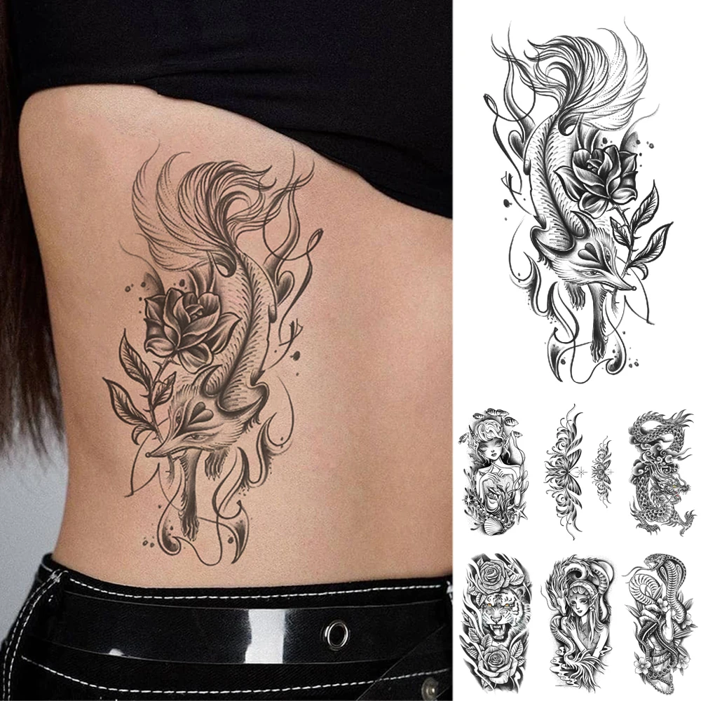 

Водостойкая временная татуировка, черная Роза, лиса, боди-арт, наклейка для детей, мужчин, женщин