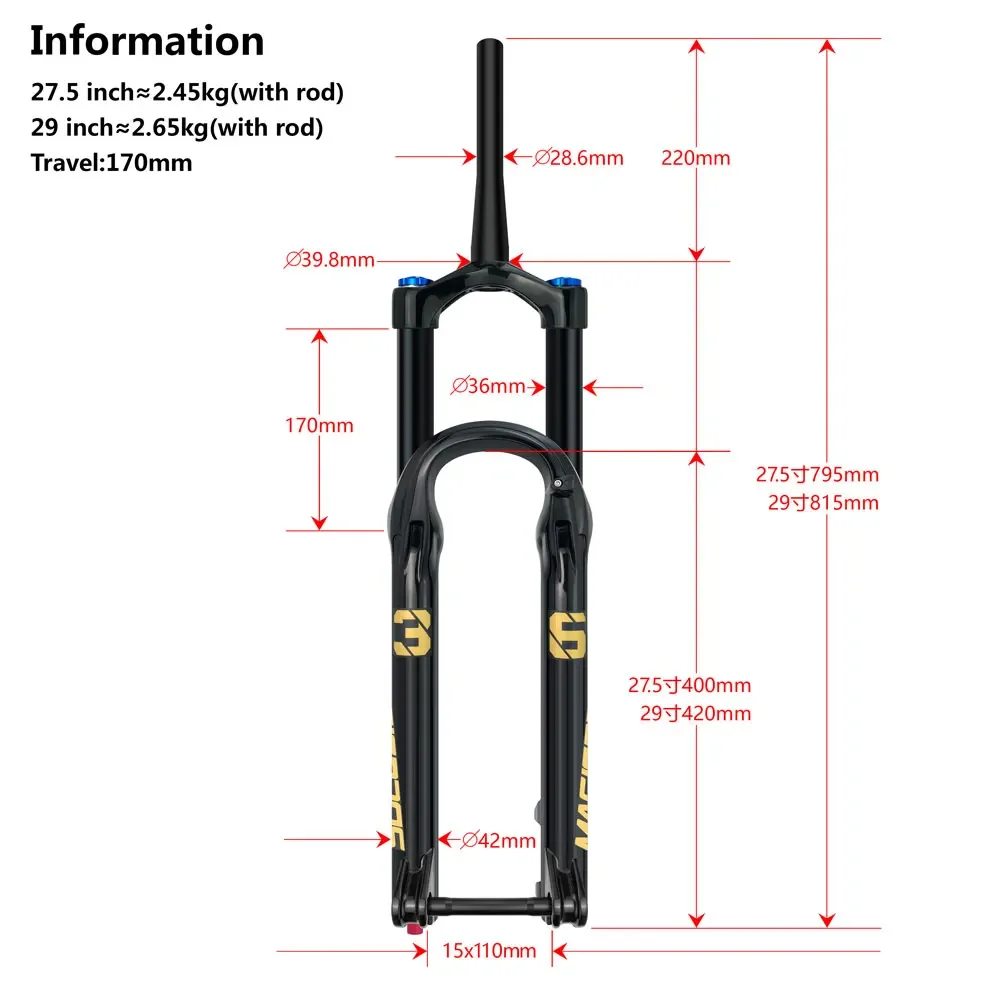 MAGICBROS Mountainbike-Luftgabel 36mm Stanchion 27,5 29 Zoll Boost 15x110 Steckachse MTB-Federgabel mit Rückprallverstellung – Detail 3