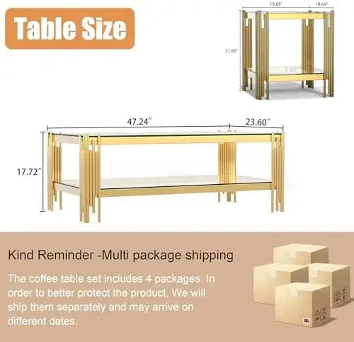 Glass Coffee Table Set of 3, Gold Living Room Table Set with Coffee Table and 2 End Table, 2-Tier Glass Table with