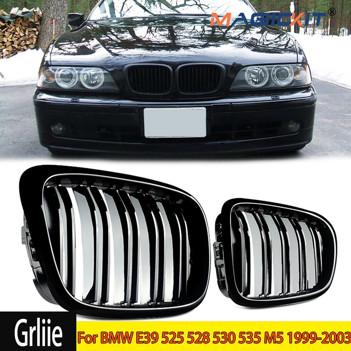 For BMW E39 525 528 530 535 M5 1999-2003 Gloss Black Front Kidney Grilles Grill CAR Accessories