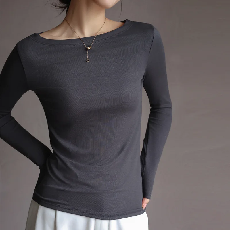 One-line collar Modal autumn and winter inner wear women\'s slim long-sleeved T-shirt white simple top