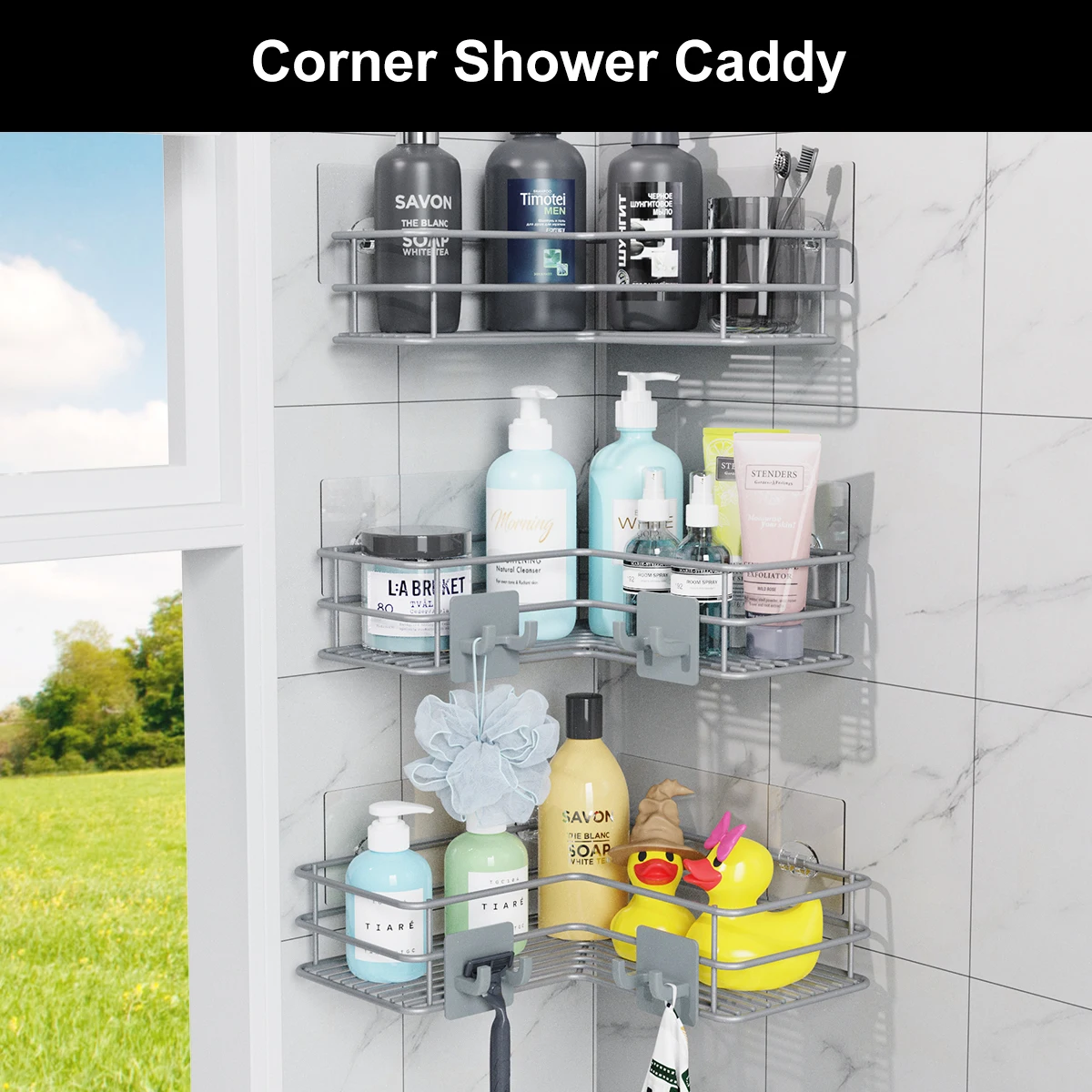 Kitchen Bathroom Metal Corner Shelf Adhesive Wall Mount Gray Shampoo Organizer Shower Basket Spice Storage Rack Home Accessories