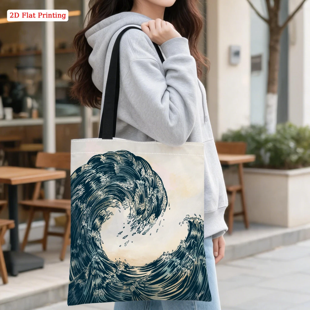 1Pc Vintage Style Shoulder Bag Cream Blue Wave Print Tote Bag For Beach Shopping Travel Daily Use Large Capacity Storage Handbag