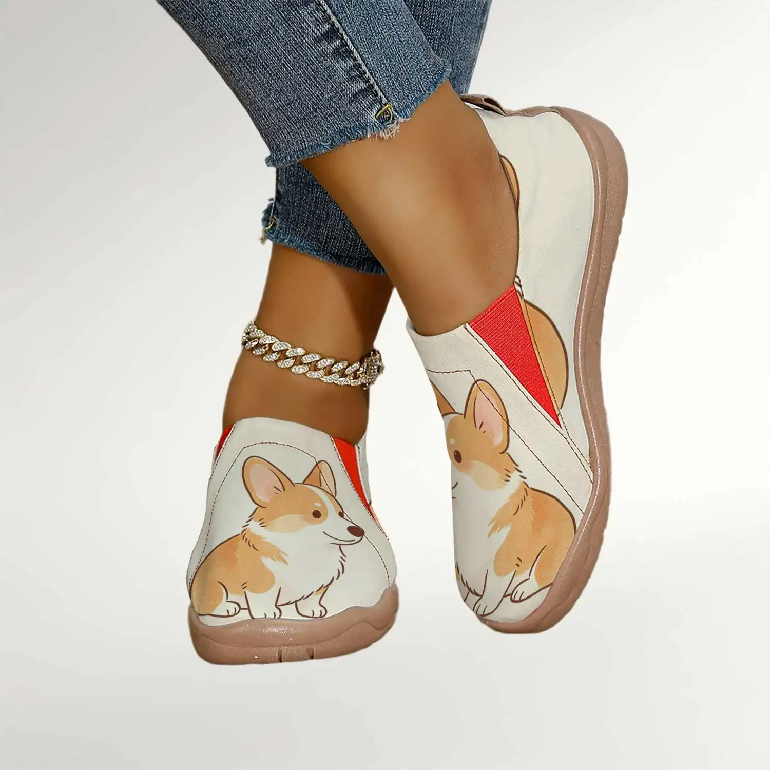 

Women's Cute Corgi Print Slip-On Shoes, Wide Toe Box Comfortable Walking Flats, Lightweight Breathable Canvas Loafers