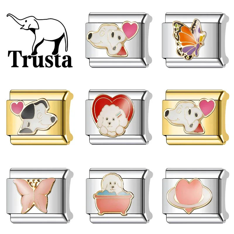 Trusta 2024 Fashion Love Dog Butterfly Dragonfly Charm Italian Links 9mm Bracelet Stainless Steel for Women DIY Jewelry N305