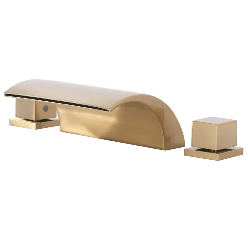 3 Holes Waterfall Tub Faucet, Brushed Gold Roman Tub Faucet Widespread Deck Mount, Solid Brass 2 Handle Bathroom Bathtub