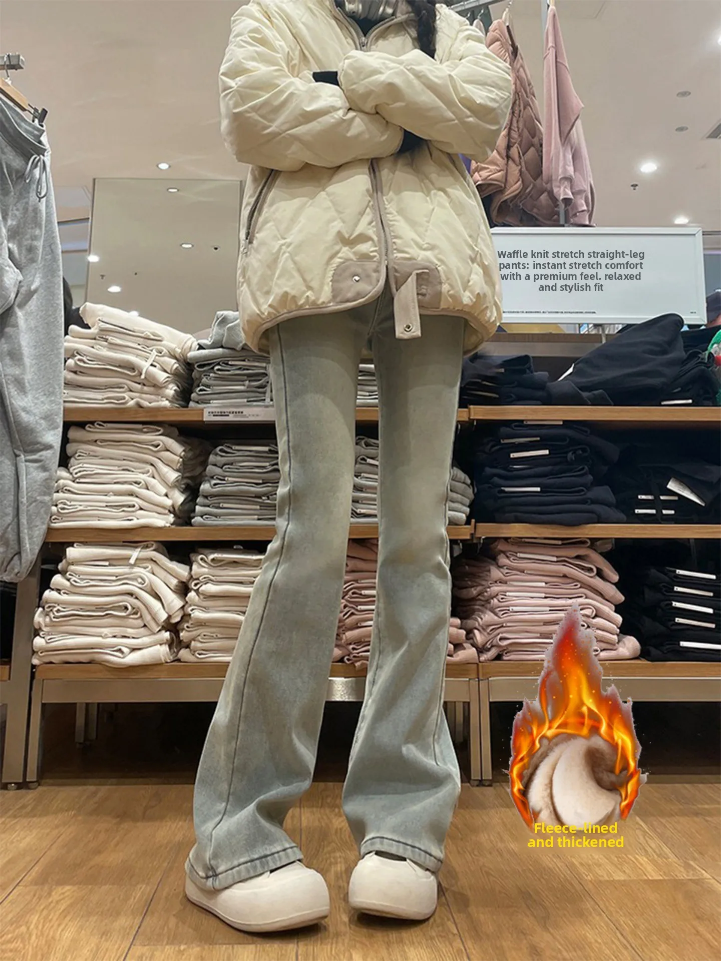 

Slim Fit High Waist Fleece Lined Micro Flared Jeans Women's Winter Warm Cotton Denim Bell Bottom Trousers Fashionable Retro