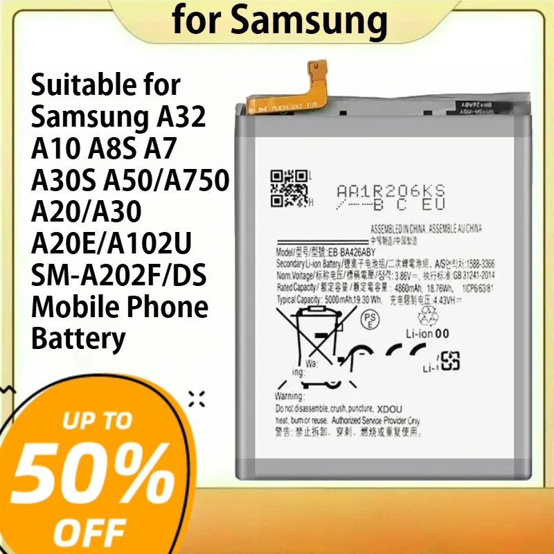

Suitable for Samsung A32 A10 A8S A7 A30S A50/A750 A20/A30 A20E/A102U SM-A202F/DS Mobile Phone Battery