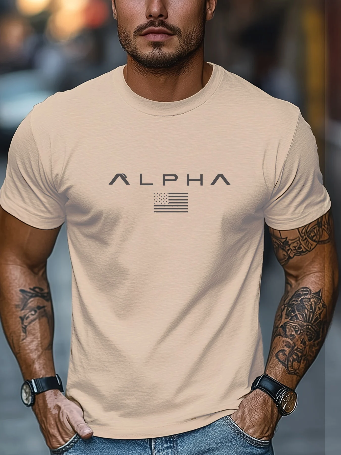 Herren Alpha Letter Flag Graphic Tee Taktisches Casual Kurzarm Sommer Streetwear T-Shirt – Detail 7