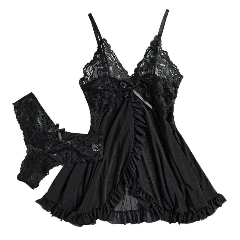 

Tulle Suspenders Exquisite Women's Lencerias Lace V-Neck Underwear Semi-transparent Thong Dress Set Females Lingerie Nightgowns