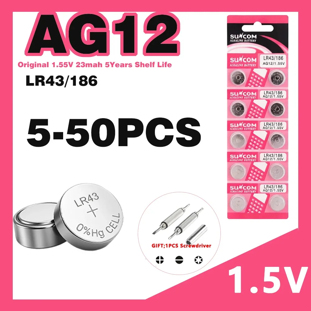 5-50PCS AG12 LR43 1.55V 23mAh Lithium Button  Battery, SR43 386 V12GA SR1142 Compatible with Watches, Toys & Remotes ﻿