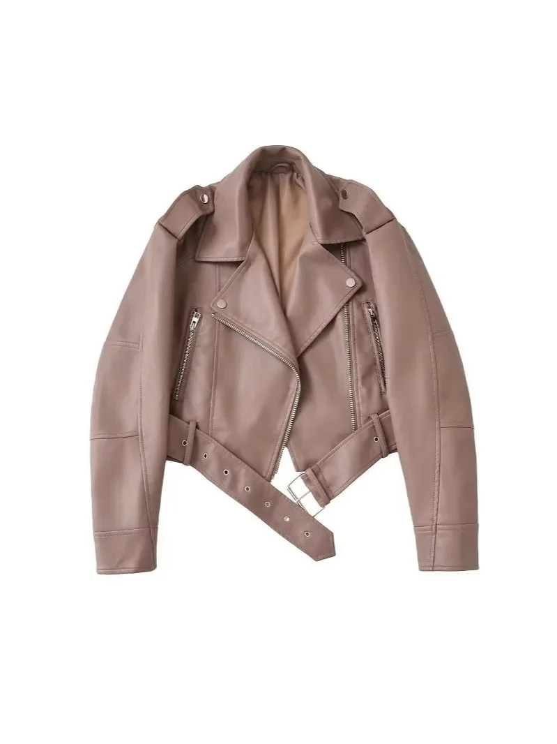 Spring Autumn Women Faux Pu Leather Short Jacket with Belt Motorcycle Biker Female Zipper Lapel Loose Coat Outwear Women