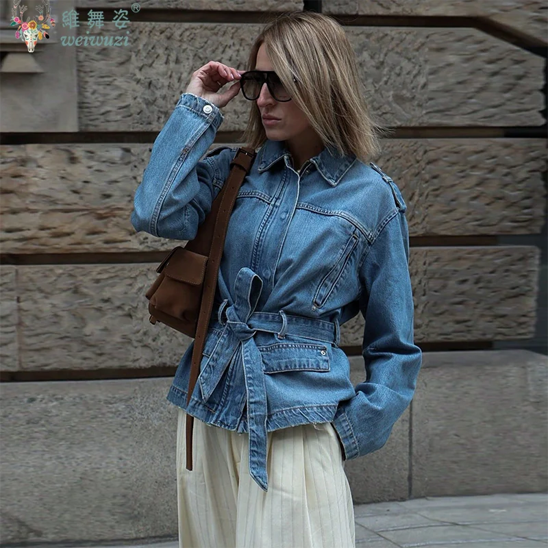 موضة المرأة الدنيم سترة فضفاضة معطف رعاة البقر مع حزام الخصر التلبيب مشبك الخريف الشتاء الدافئة ملابس خارجية غير رسمية ملابس للسيدات #3