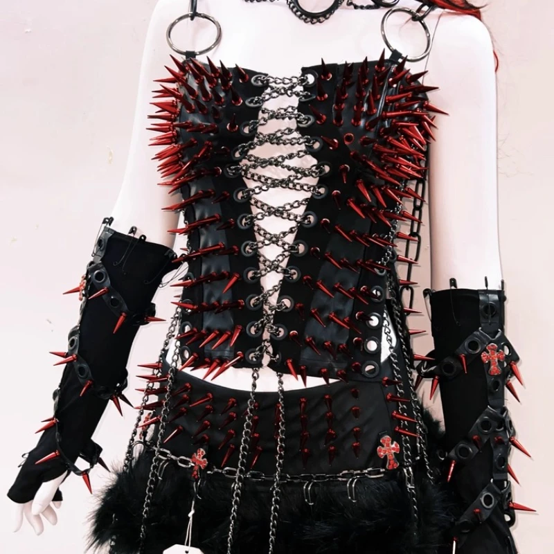 Original Design 2025 Summer New Heavy Craft Sweet Cool Rivet Women's Sling Gothic Punk Dark Sexy Hot Girl Mini Skirts Set Ladies