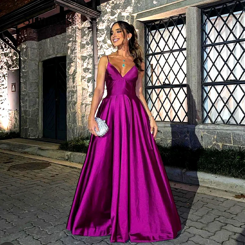 Sumnus Paars Prom Dress Spaghettibandjes V-hals Satin Party Wear Sexy Backless Avond Party Gown Floor Lengte Vrouwen Jassen