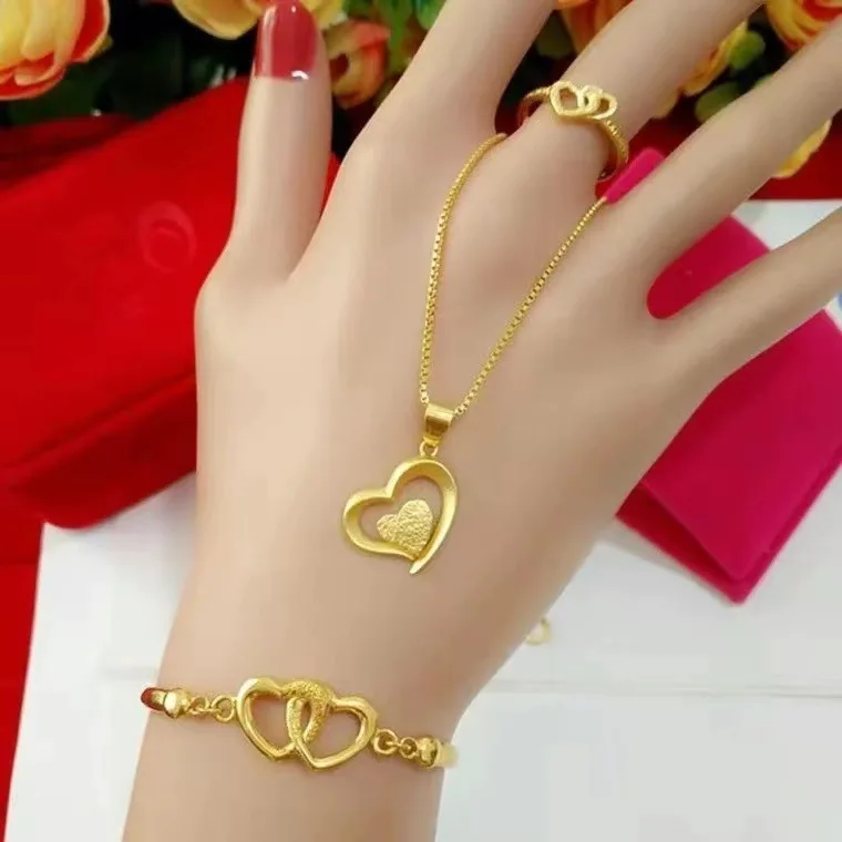 

24K Gold AU999 Double - Heart Set | Linked large & small hearts, star - engraved bracelet, adjustable ring, trendy & lively