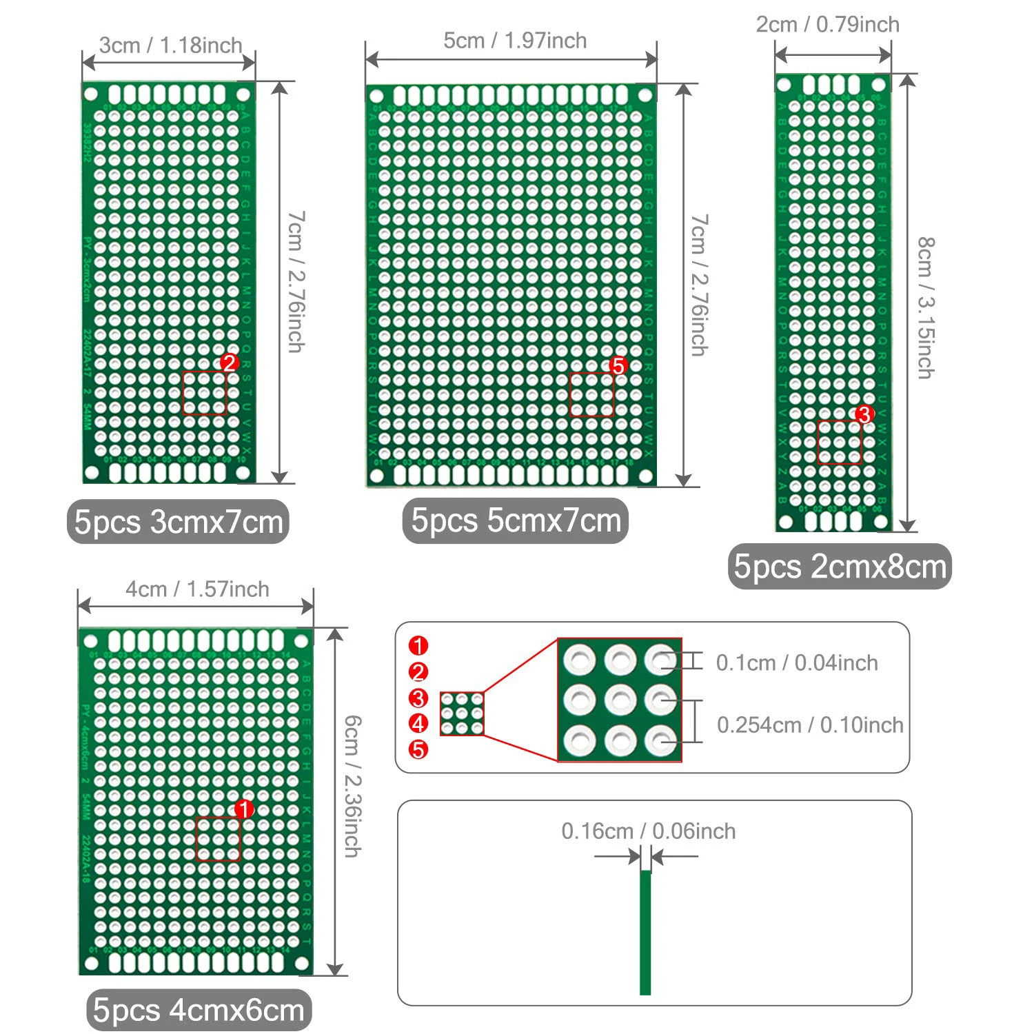 20 Pcs Double Sided PCB Board 2X8 3X7 4X6 5X7 Tinned Through Holes FR4 Prototype Kit Printed Circuit Universal Perfboard for DIY