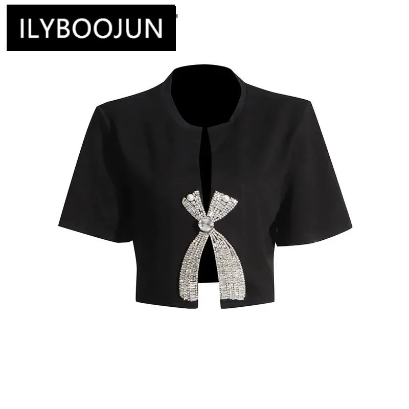 

ILYBOOJUN Solid Patchwork Diamonds Bowknot Split Slimming T Shirts For Women Round Neck Short Sleeve Casual T Shirt Female