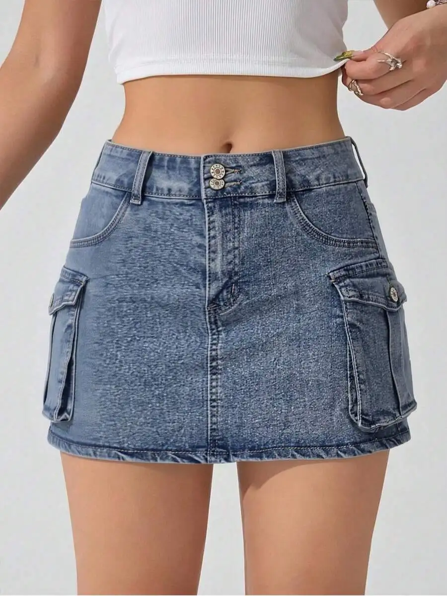 

Womens High Rise Cargo Denim Mini Skirt With Double Button Detail Medium Stretch