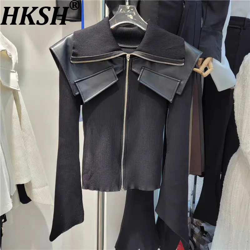 

HKSH Spring Autumn New Women Sweater Knitted Patchwork PU Leather Turn-down Collar Zipper Fashion High-end Elegant Coats HK16632