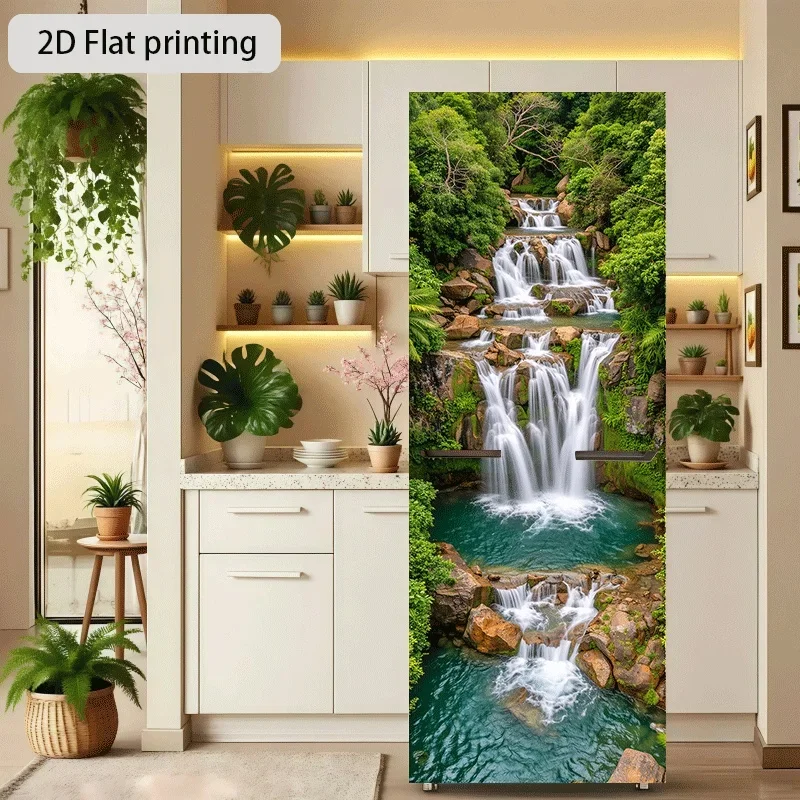 Refrigerator Sticker Emerald Valley Cascading Waterfall and Flowing Spring Themed Design, Self-Adhesive Wall Decal Wallpaper,