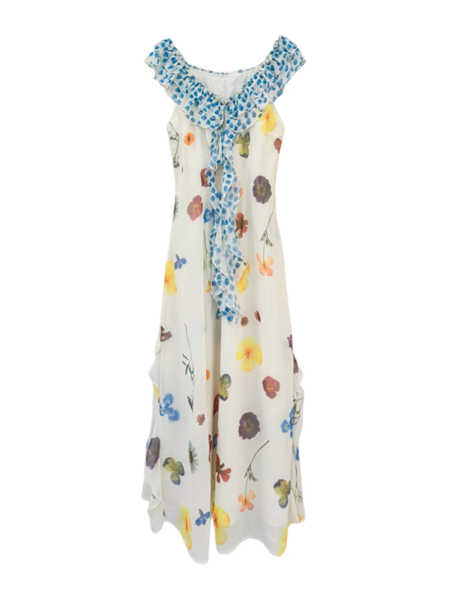 ชุดเดรสยาวลายดอกไม้แบบเปิดไหล่สำหรับผู้หญิง ฤดูร้อน 2025 รุ่นใหม่ สไตล์หรูหรา ทรงเอ เอวสูง ไม่มีแขน คอวี