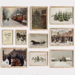 Classic Christmas Artwork Village Winter Pine Tree Landscape Vintage Poster Wall Pictures Canvas Painting Holiday Home Decor