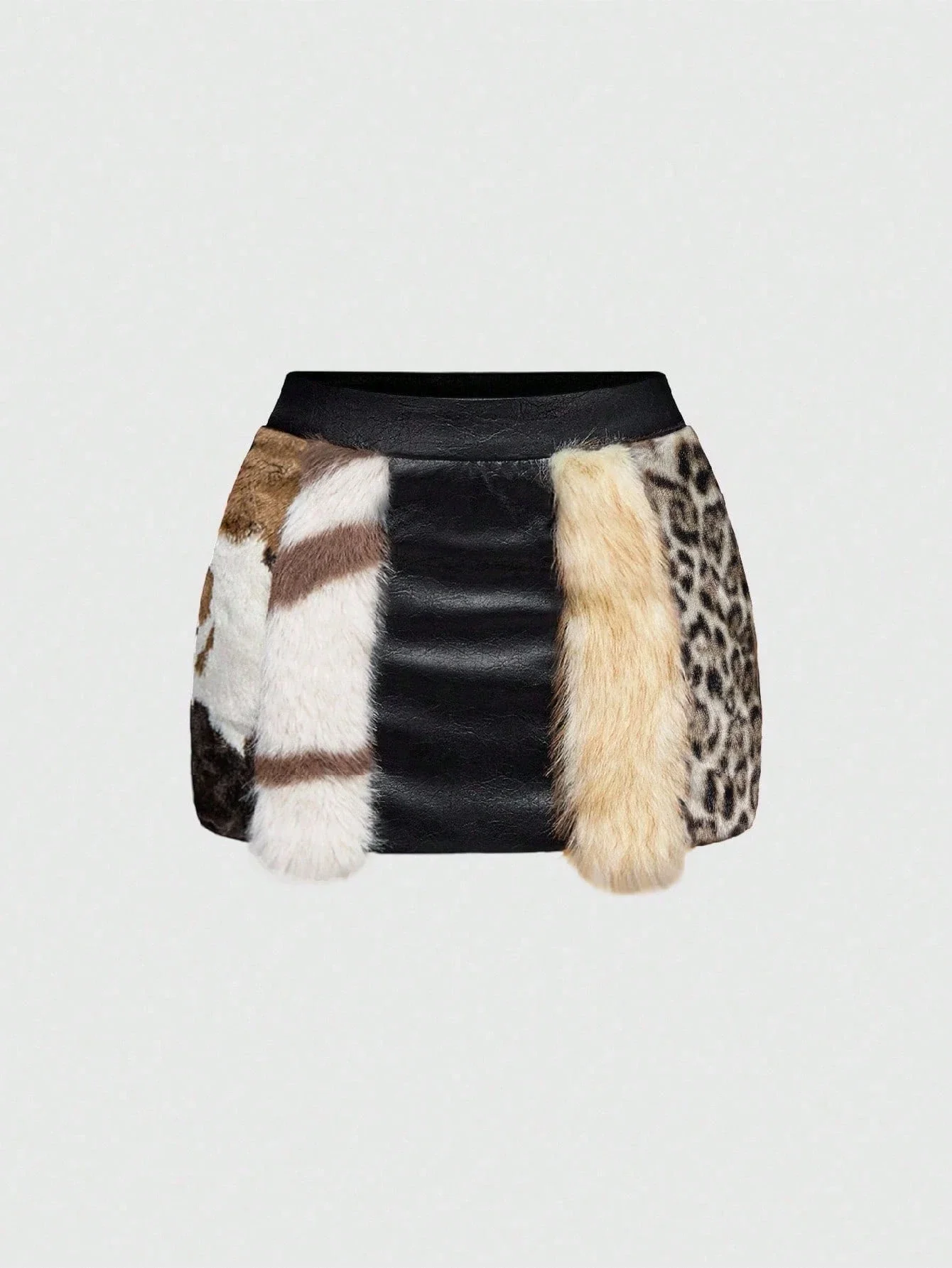 

Patchwork Animal Print Faux Fur And Faux Leather Mini Skirt