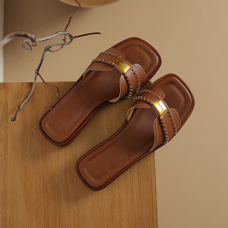 All Natural Leather Open Style One Line Strap Slippers Metal Decoration Fashionable Slippers Versatile Comfortable