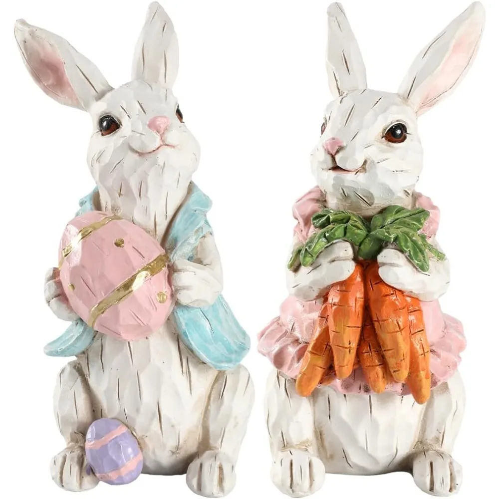 

Easter Bunny Figurines Set of 1- Easter Decortions Hand-Painted Resin Rabbit Decorations with Carrots and Easter Egg