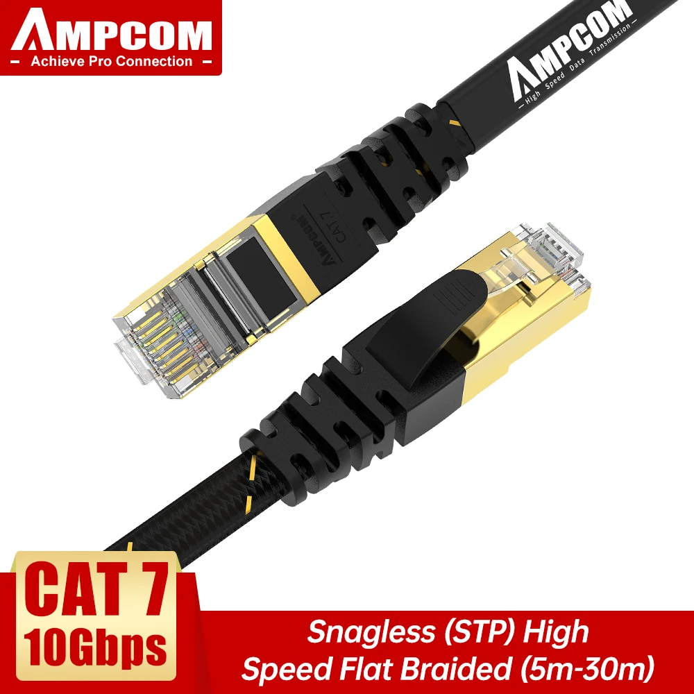 AMPCOM Kabel Ethernet RJ45 Cat7 Lan Cable [5 - 30 m] STP RJ 45 Płaski kabel sieciowy Kabel krosowy Ethernet