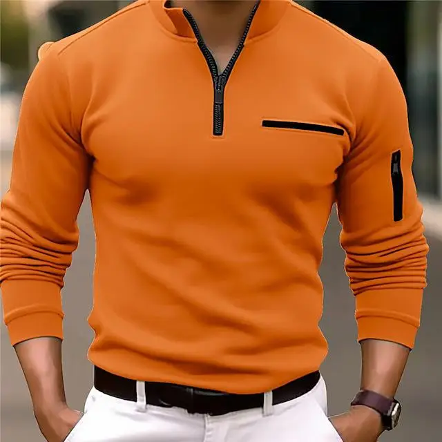Men's Sports  irt with Arm Zipper Loose Fit Polyester Cotton Blend Fabric Cool Feeling Long Sve Henry Collar  C...