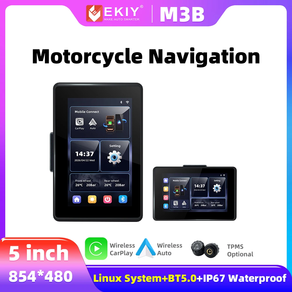 EKIY 5 Inch Portable Motorcycle GPS Navigation Wireless CarPlay Android Auto TPMS Display Screen Waterproof Motorbike Monitor
