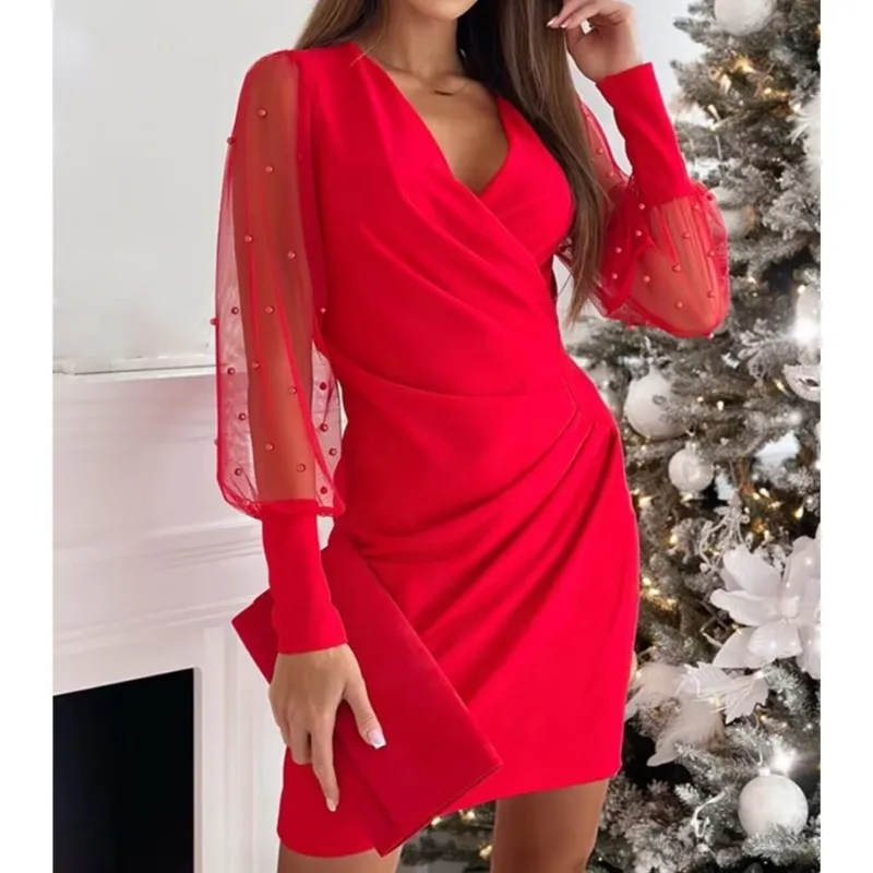 

Sexy V-neck Lace Patchwork Hollowed Out Long Sleeved Dress For Women Fashion Solid Color Elegant Pleated Pencil Dress Vestidos